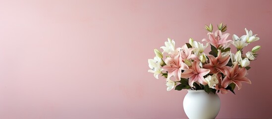 Aufkleber - Elegant flower arrangement in a white vase on a soft pink background, featuring pink lilies and white blooms, with ample copy space on the right.