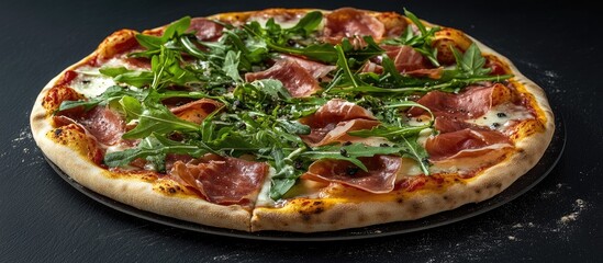 Poster - Delicious pizza topped with prosciutto and arugula on a black background featuring vibrant greens and rich red hues viewed from above
