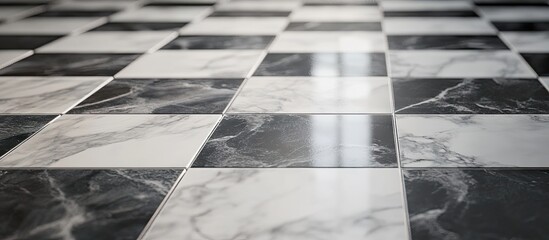 Poster - Stylish grey and white marble square mosaic tiles arranged in a checkerboard pattern highlighting intricate textures and reflections in natural light.