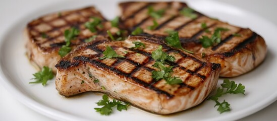 Poster - Grilled swordfish steaks arranged on a white plate with vibrant green herbs garnishing, showcasing the grill marks and appetizing presentation.