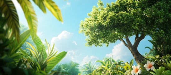 Aufkleber - Lush green summer tree surrounded by vibrant foliage and tropical flowers under a bright blue sky with fluffy white clouds in the background.