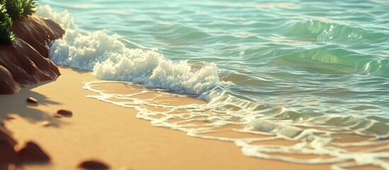 Poster - Serene beach scene with soft turquoise waves lapping at golden sand under a clear blue sky featuring scattered green foliage on the shore