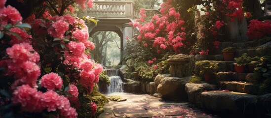 Aufkleber - Lush garden pathway with vibrant pink flowers flanking a serene stream cascading over rocks illuminated by soft sunlight and surrounded by greenery