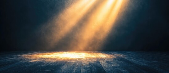 Poster - Dramatic golden beam light illuminating a dark empty stage with wooden floor creating an atmospheric and inviting space for performances