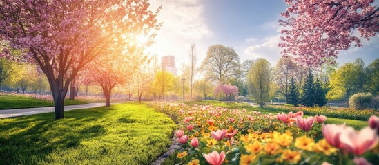 Aufkleber - Vibrant spring landscape featuring blooming cherry blossoms and colorful flowers in foreground with sunlight casting soft glow over green grass.
