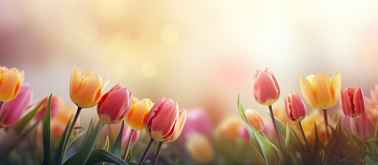 Poster - Vibrant spring tulips in shades of pink and yellow blooming in a blurred background with ample copy space on the right side for text placement.