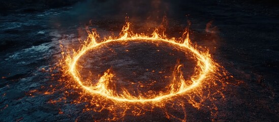 Poster - Circular orange flames of steel wool spinning rapidly on a dark surface, creating glowing light arcs against a black backdrop in a long exposure shot.