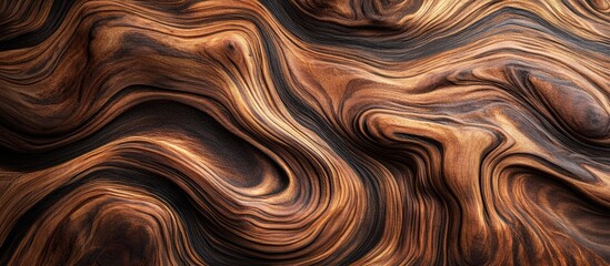 Poster - Abstract wood texture with rich brown and black swirls creating a dynamic flow, highlighting contrasting light and shadow effects in a warm palette.