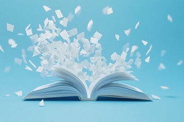 Poster - White Book with Flying Pages Against a Light Blue Background