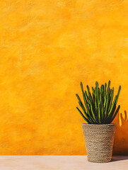 Poster - Vibrant yellow wall with a potted plant in a textured pot