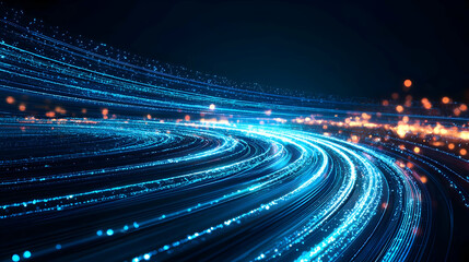 Poster - Abstract Blue Digital Light Trails Flowing Across Dark Background Representing Data Network and Futuristic Technology