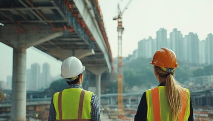 Poster - Two Female Engineers Surveying a City Bridge Construction Project