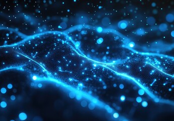 Poster - Blue Light Waves with Sparkling Particles Creating a Digital Seascape Feel, Perfect for Technology and Abstract Backgrounds in Various Media