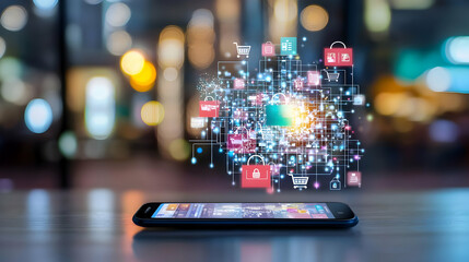 Poster - Smartphone Displaying Digital Interface With Glowing Icons and Blurred Bokeh Background