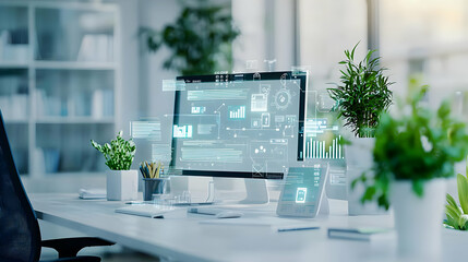 Poster - Modern Office Desk with Computer Digital Display Plants and Clean Lines