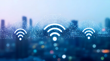 Poster - Digital Wifi Signals Overlaying a Blurred Cityscape at Dusk