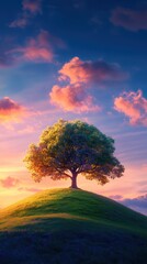 Poster - Lone tree stands majestically atop a hill under a colorful sky at sunset