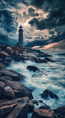 Aufkleber - Lighthouse stands tall against dark stormy skies and crashing waves on a rocky coastline at dusk