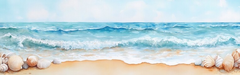 Poster - Watercolor depiction of a serene beach scene with gentle waves and scattered seashells under a clear sky
