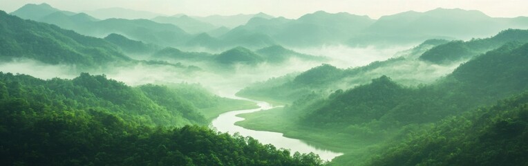 Poster - Lush green mountains and misty river winding through scenic valley at dawn