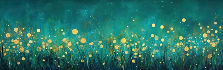 Poster - Vibrant teal background with golden sparkles illuminating a lush meadow at dusk