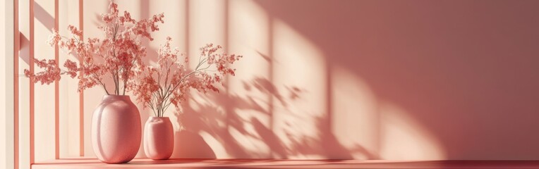 Aufkleber - Soft coral ambiance featuring vases with delicate flowers casting shadows in gentle lighting