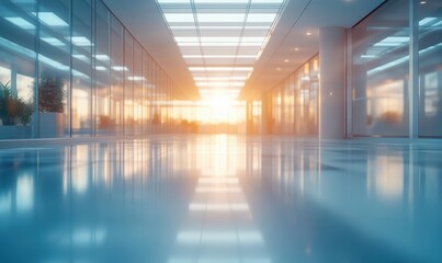 Poster - Bright and Airy Modern Office Interior with Reflections at Sunrise, Sleek Design and Abundant Natural Light Streaming Through Large Windows
