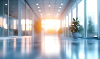 Poster - Bright and Modern Office Corridor with Sunlight Streaming Through Glass Windows and a Potted Plant in Focus on Reflected Floor Surface