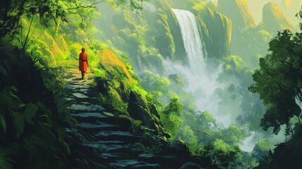 Poster - Solo hiker journeys along a winding forest path towards a majestic waterfall surrounded by lush greenery