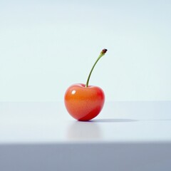 Poster - Single ripe cherry with glossy red surface placed on a clean white background, showcasing its vibrant color and natural shine