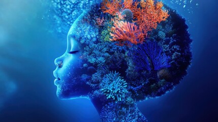 Aufkleber - Silhouette of a child's profile merged with vibrant underwater coral landscape during a serene moment