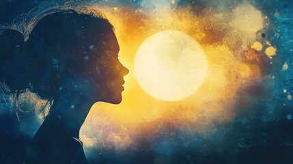 Poster - Serene portrait of a woman glowing with moonlight in a tranquil setting at dusk