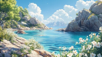 Aufkleber - Serene bay with clear blue waters highlighting nature's beauty under a bright blue sky