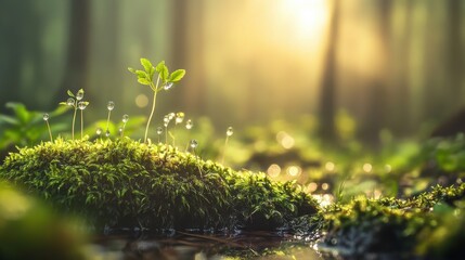 Poster - Mystical forest clearing with dew glistening at dawn among lush greenery