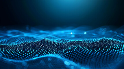Poster - Abstract Blue Digital Wave Surface with Glowing Particles in Dark Background