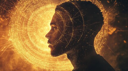 Aufkleber - Mystical profile of a man illuminated by cosmic patterns and glowing energies in a surreal environment
