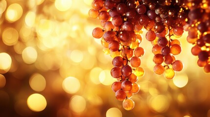 Poster - Luxurious golden gradient background featuring clusters of shimmering grapes adorned in a warm autumn setting