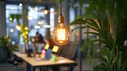 Aufkleber - Luminous vintage-style light bulb illuminates modern office space filled with greenery and collaborative workspace