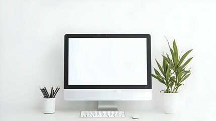 Poster - Minimal Workspace With Computer Display Plant And Office Supplies In White Environment