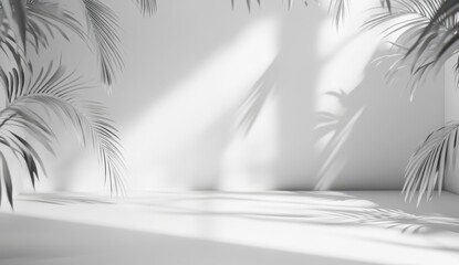 Poster - Bright Minimalistic Interior with Light and Shadow from Tropical Leaves on a White Background, Creating an Elegant and Serene Atmosphere for Decoration