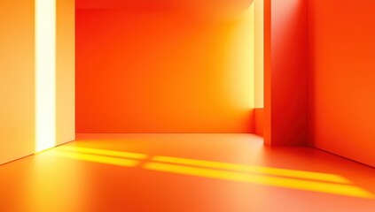 Poster - Bright Orange Interior Space with Smooth Textures and Light Beams Illuminating the Walls and Floor in a Minimalist Style