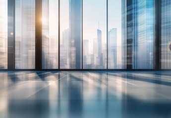 Poster - Bright Modern Office Interior with Panoramic Windows Overlooking Urban Skyline at Sunrise