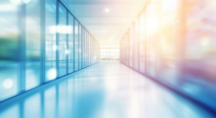 Poster - Brightly Lit Modern Hallway with Glass Walls and Abstract Light Rays in a Contemporary Office Environment