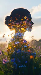 Aufkleber - Silhouette of a woman filled with vibrant wildflowers in a serene landscape during sunset