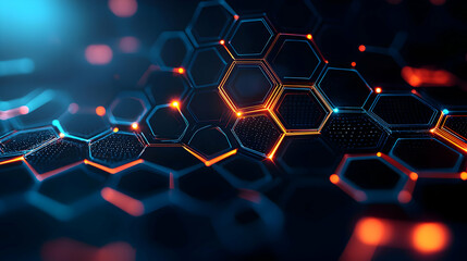 Poster - Abstract Hexagon Grid Network Structure with Blue and Orange Lights in Digital Futuristic Technology Background
