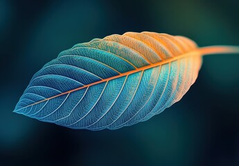 Poster - Close-Up of a Vibrant Leaf with Intricate Veins Showcasing Blue and Orange Colors Against a Soft Background