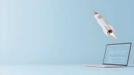 Poster - White Rocket Launching From Digital Laptop on Light Blue Background