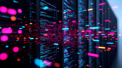 Poster - Abstract Data Center Server Room Interior with Neon Light and Cybernetic Details