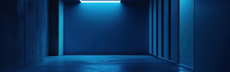 Poster - dark minimalist room with bright cyan neon light accentuating geometric shapes and smooth surfaces i