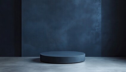 Poster - Dark Minimalist Studio Setting with Circular Pedestal and Textured Walls for Creative Photography and Product Display